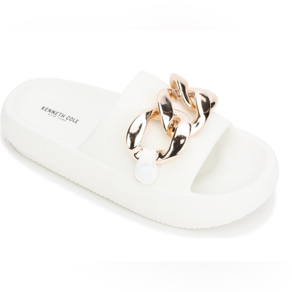 SOLD - NWOT Kenneth Cole platform slides with gold chain detail